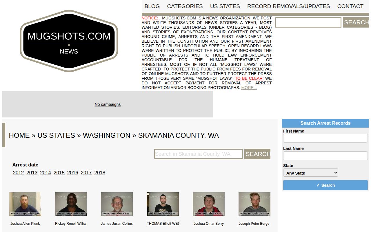 Skamania County booking record publisher section marked as unofficial