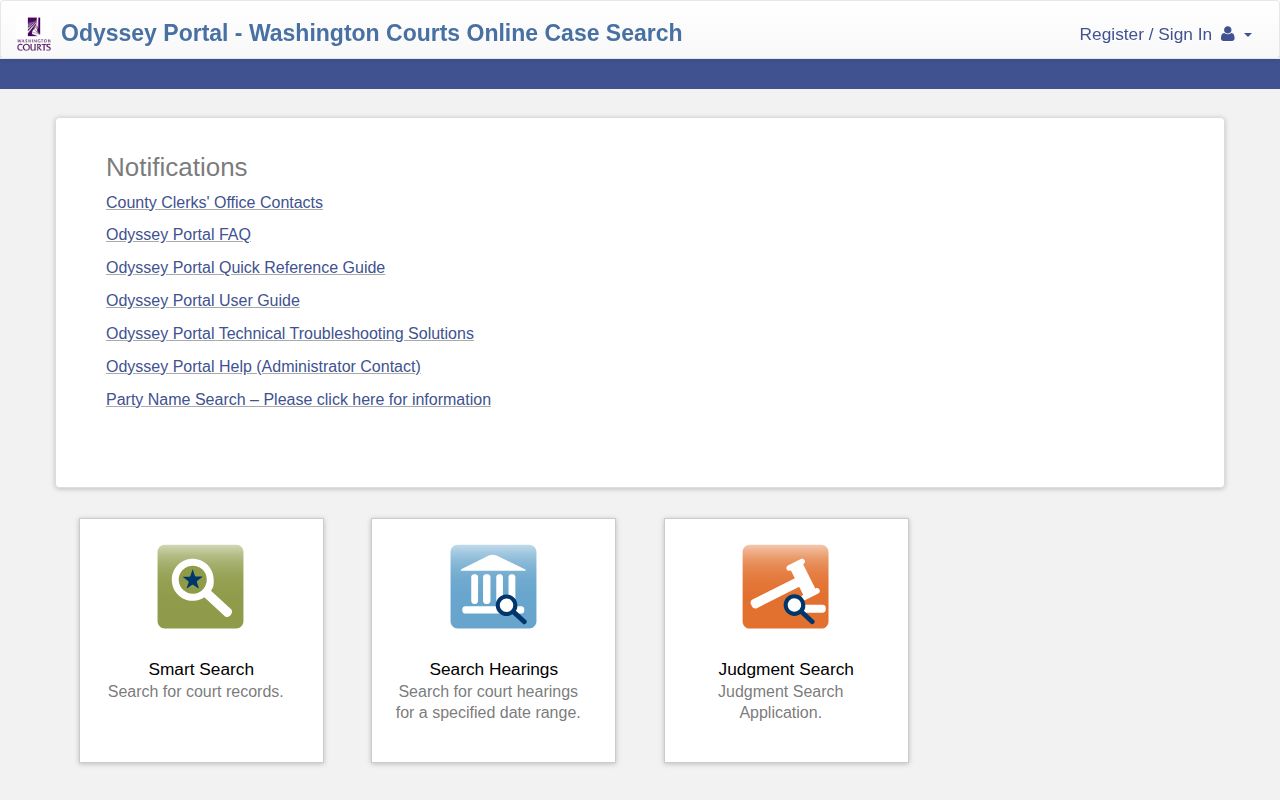 Skamania County warrant record search through the Washington Courts Odyssey Portal