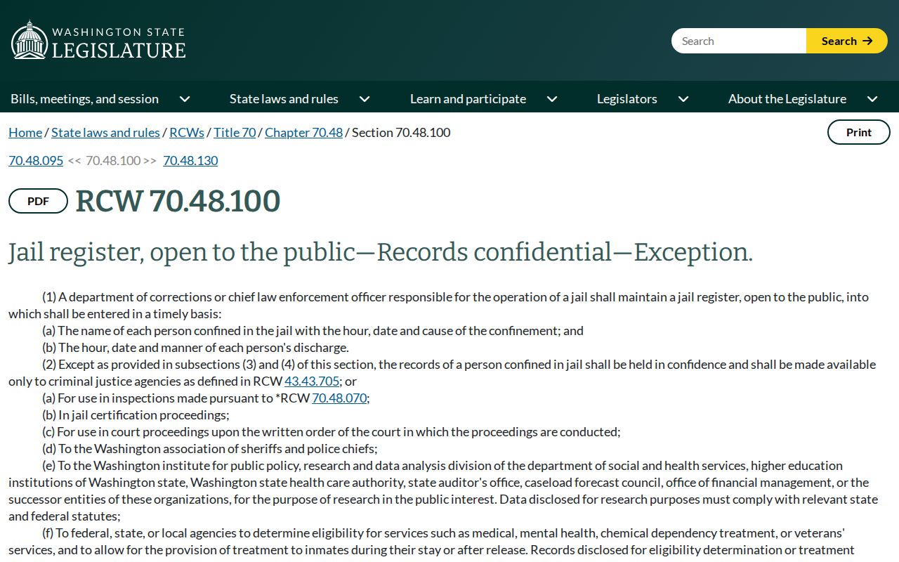 Skamania County booking record law RCW 70.48.100 official page